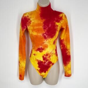 Cotton Citizen NEW Brisbane Tie Dye Thong Bodysuit XS Red Multi Turtleneck